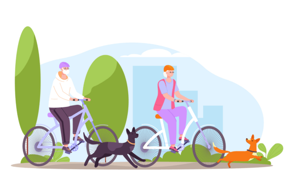 Active Seniors Ride Bicycle with Dog